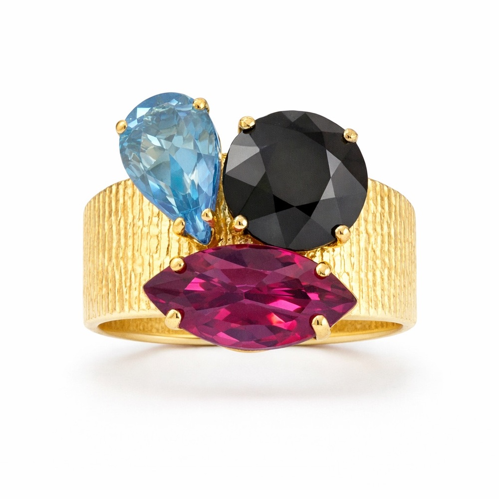 Vintage Gold Tone‎ Multi Color Rhinestone Cocktail Ring Size 7 Adjustable